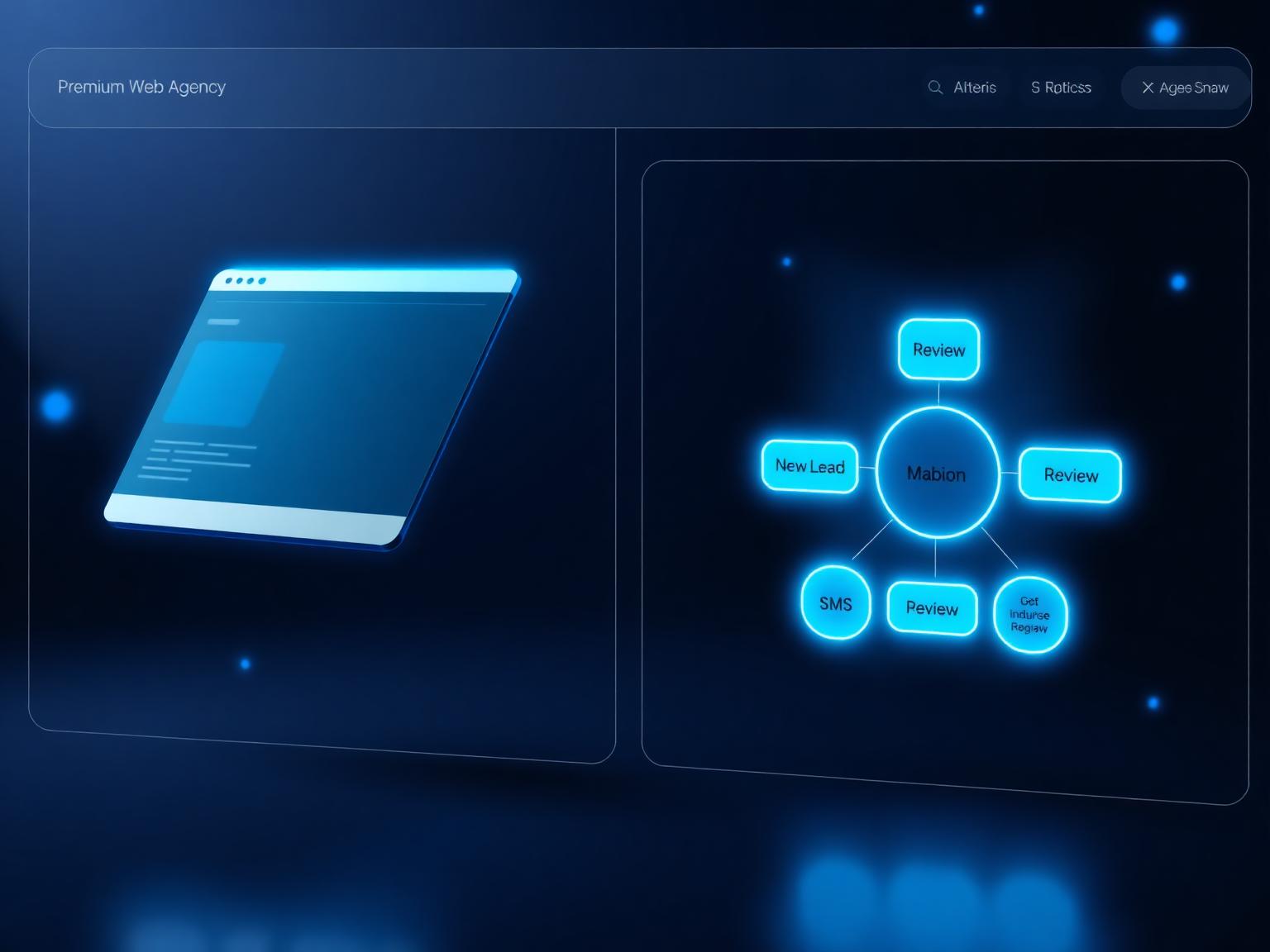 Website mockup with automation flow chart